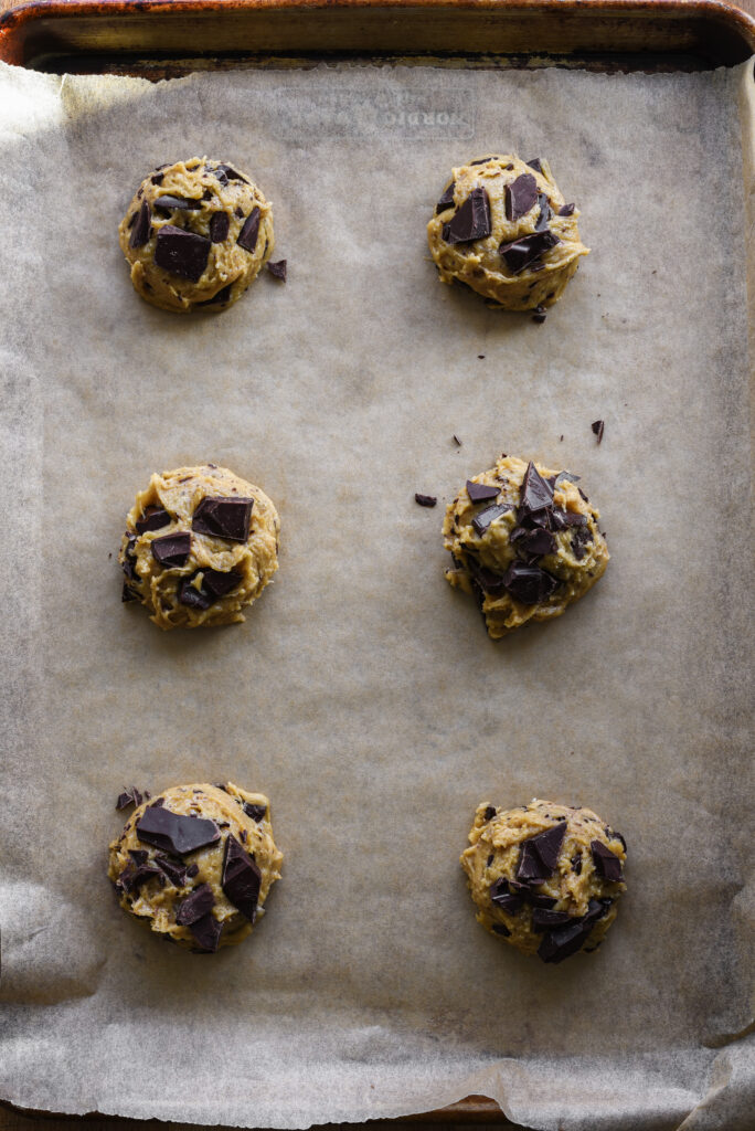 Cookie dough on baking sheet.
