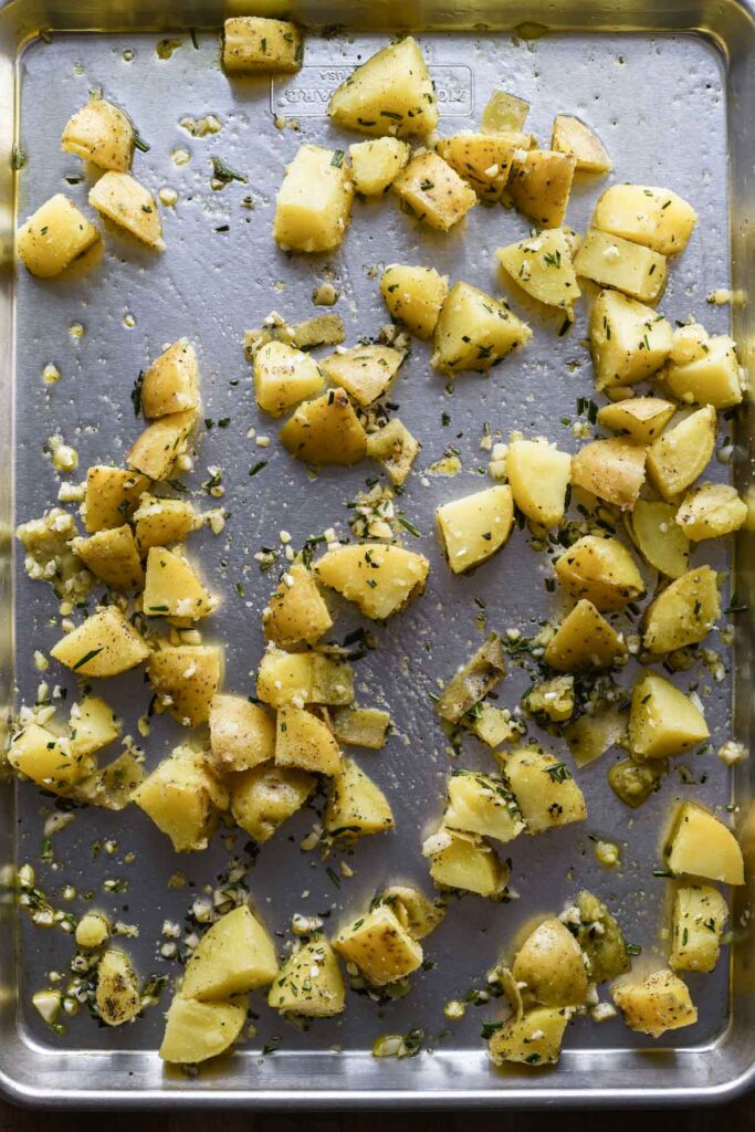 Garlic rosemary potatoes pre-bake.