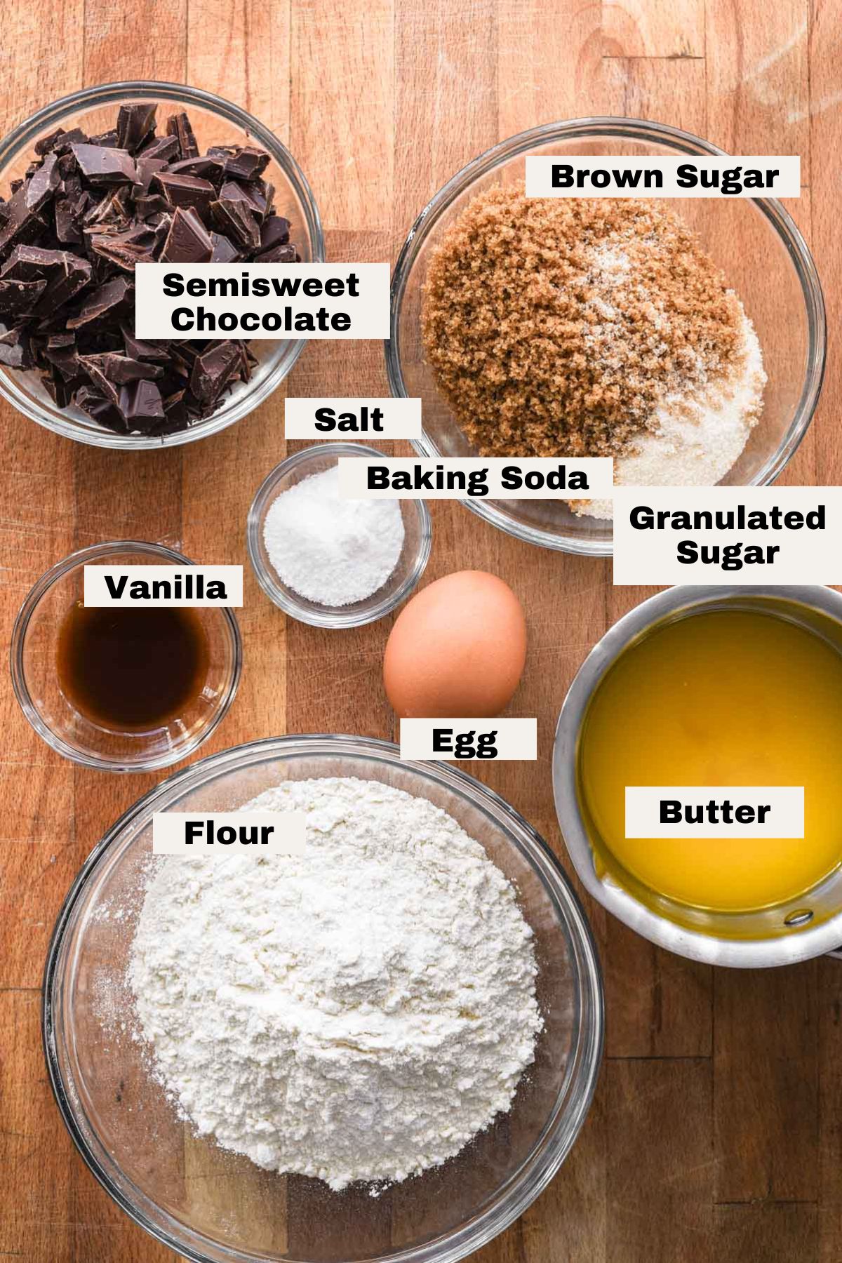 Ingredients for chocolate chunk cookies.