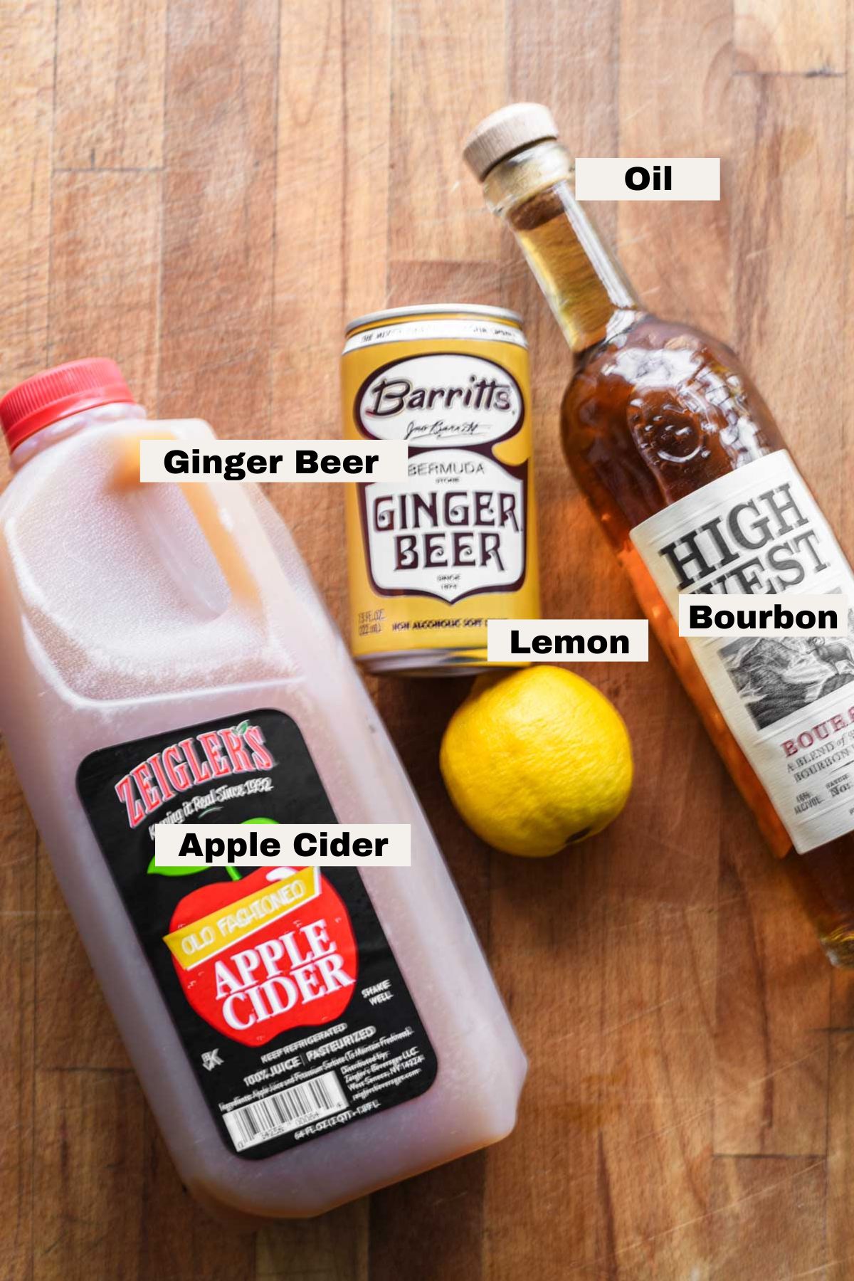 Ingredients for apple cider bourbon cocktail.