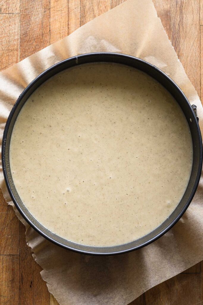 Cake batter put into the prepared baking dish.