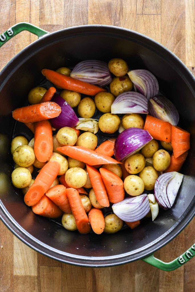 Seasoned vegetables in the dutch oven.