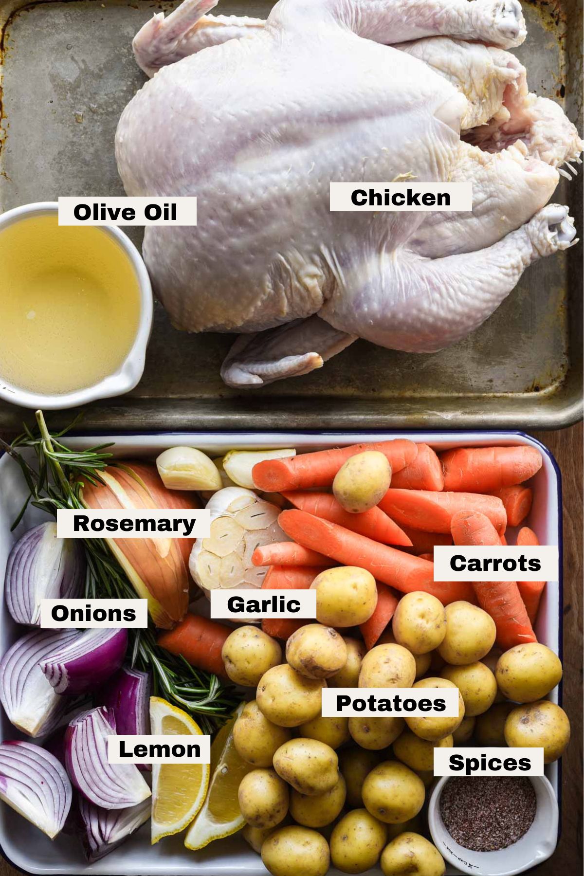 Ingredients needed for dutch oven whole roasted chicken.