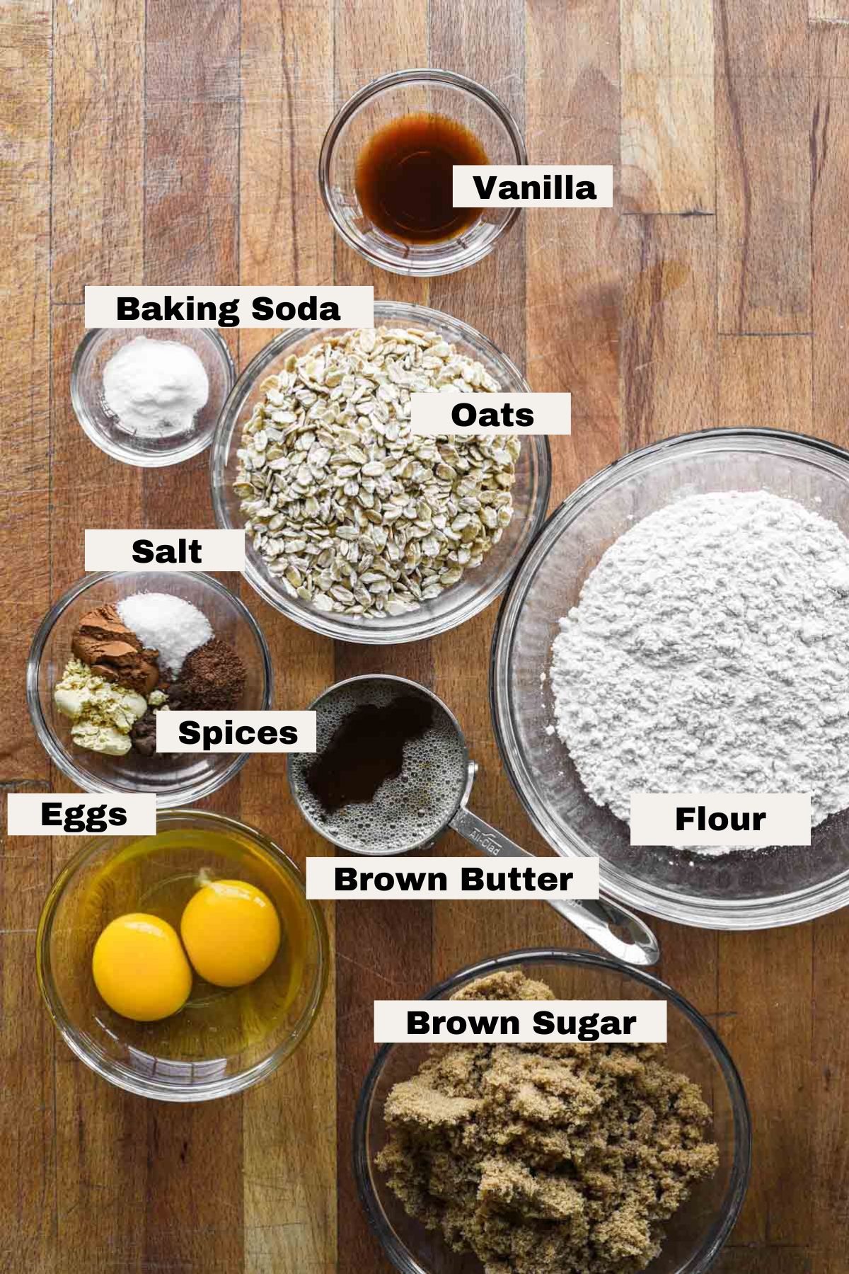 Ingredients for brown butter gingerbread oatmeal cookies.