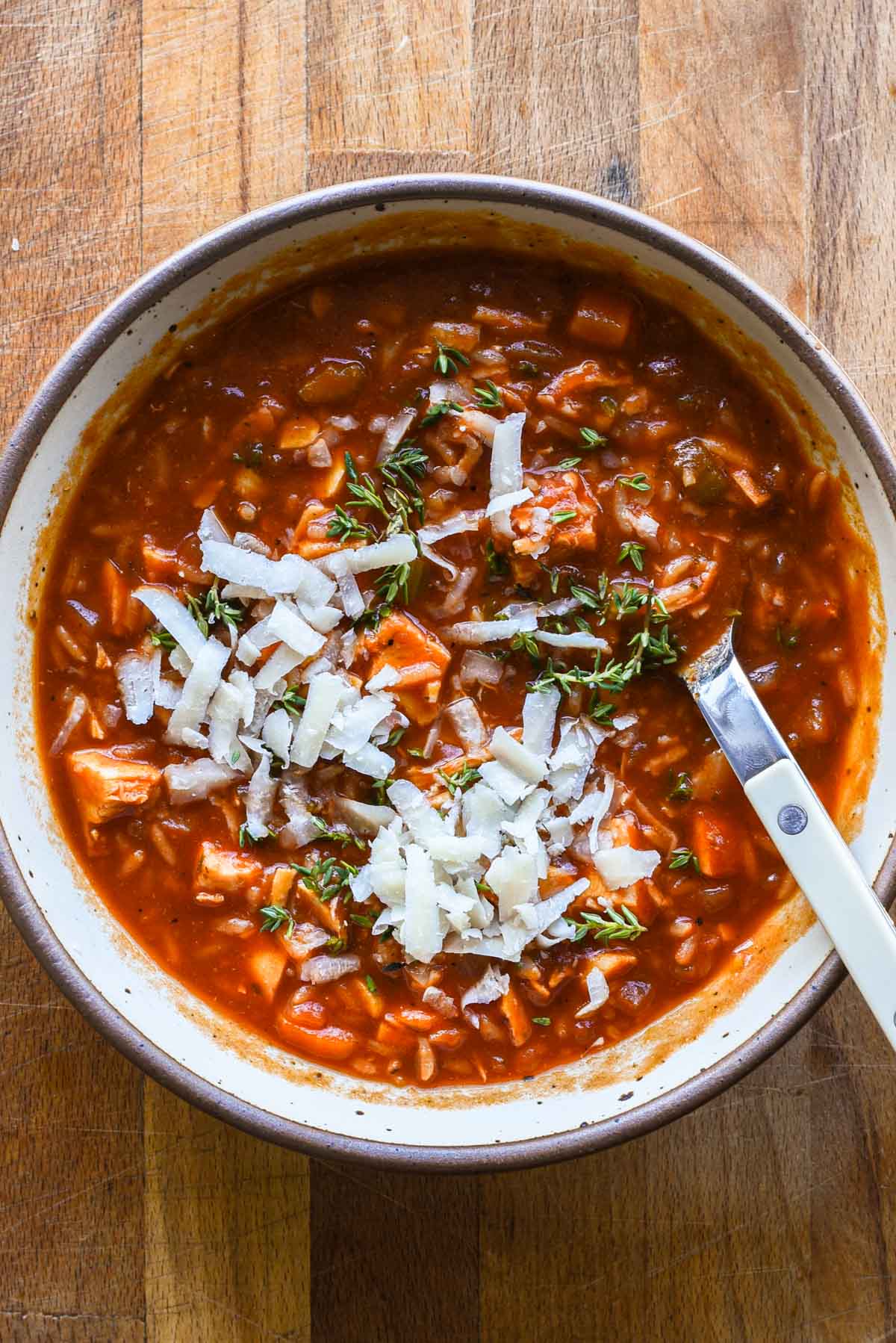 Finished soup in a bowl.