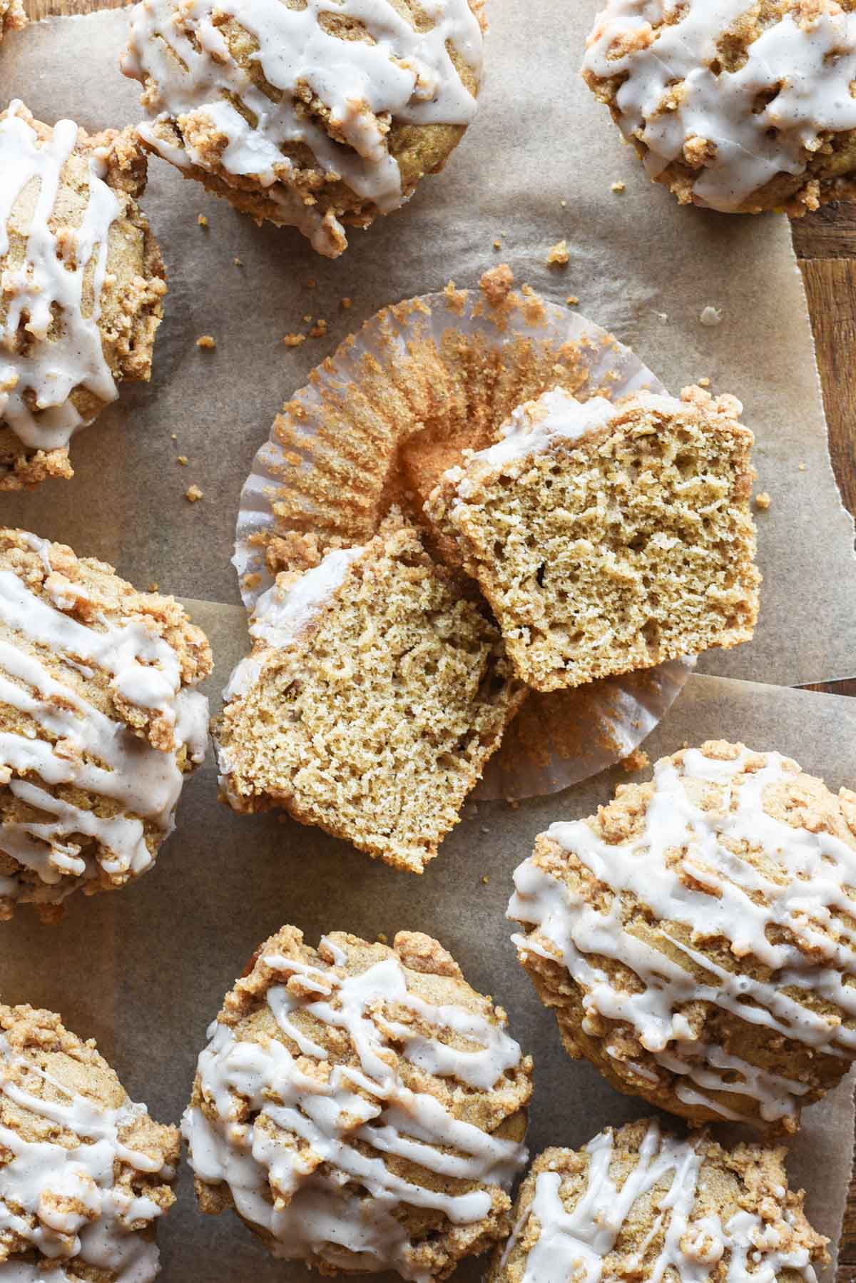 Baked vanilla chai spice muffins sliced in half.