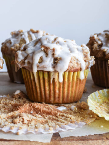 Close up of muffin with glaze drips.
