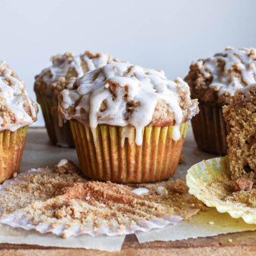Close up of muffin with glaze drips.