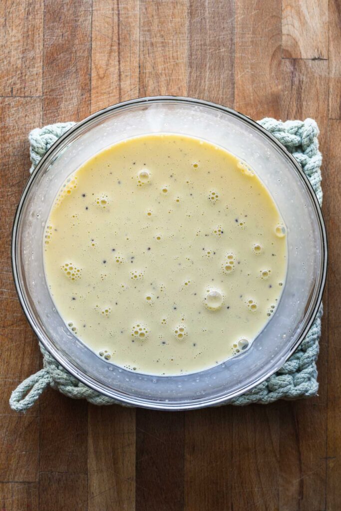 Egg mixture with cream, milk, salt, and pepper.