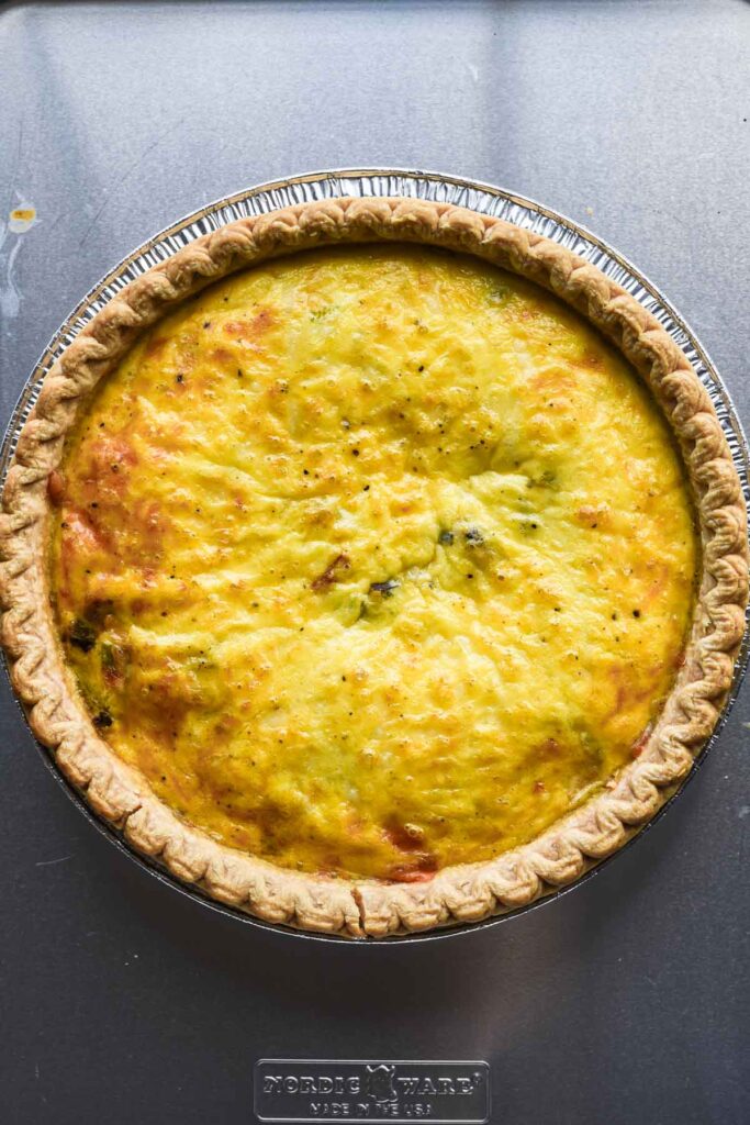 Fresh baked quiche out of the oven.