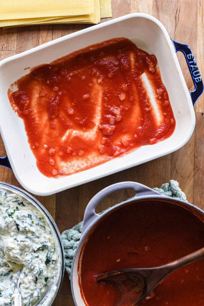 Sauce on bottom of dish.
