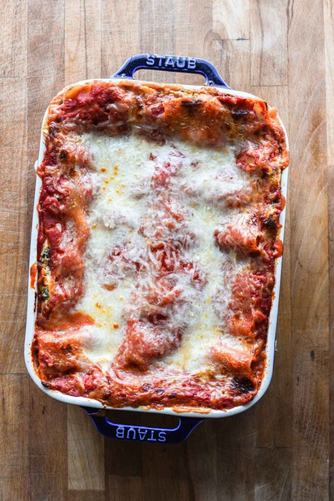 Fresh baked lasagna out of the oven.