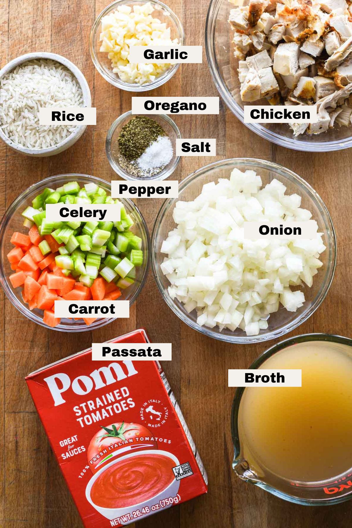 Tomato chicken and rice soup ingredients.