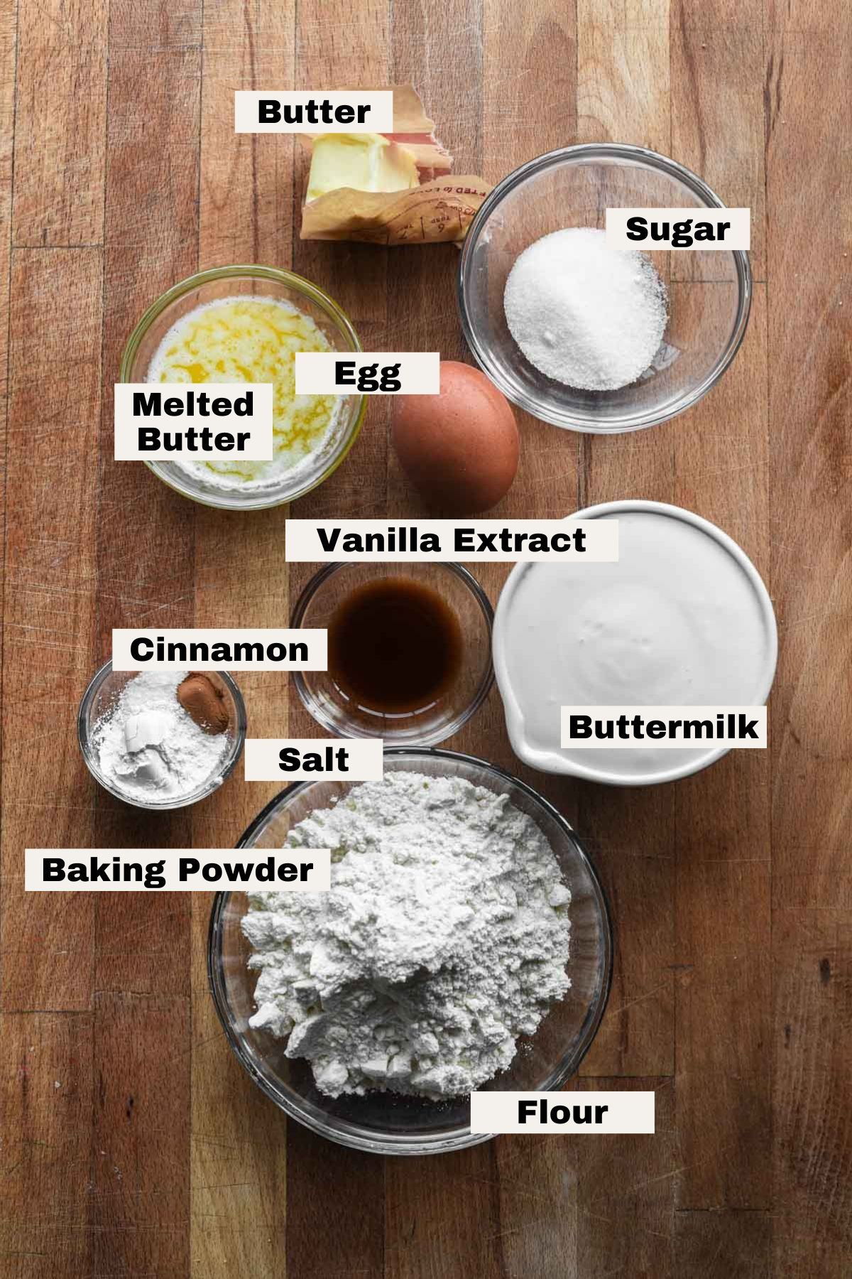 Ingredients to make buttermilk pancakes for two.