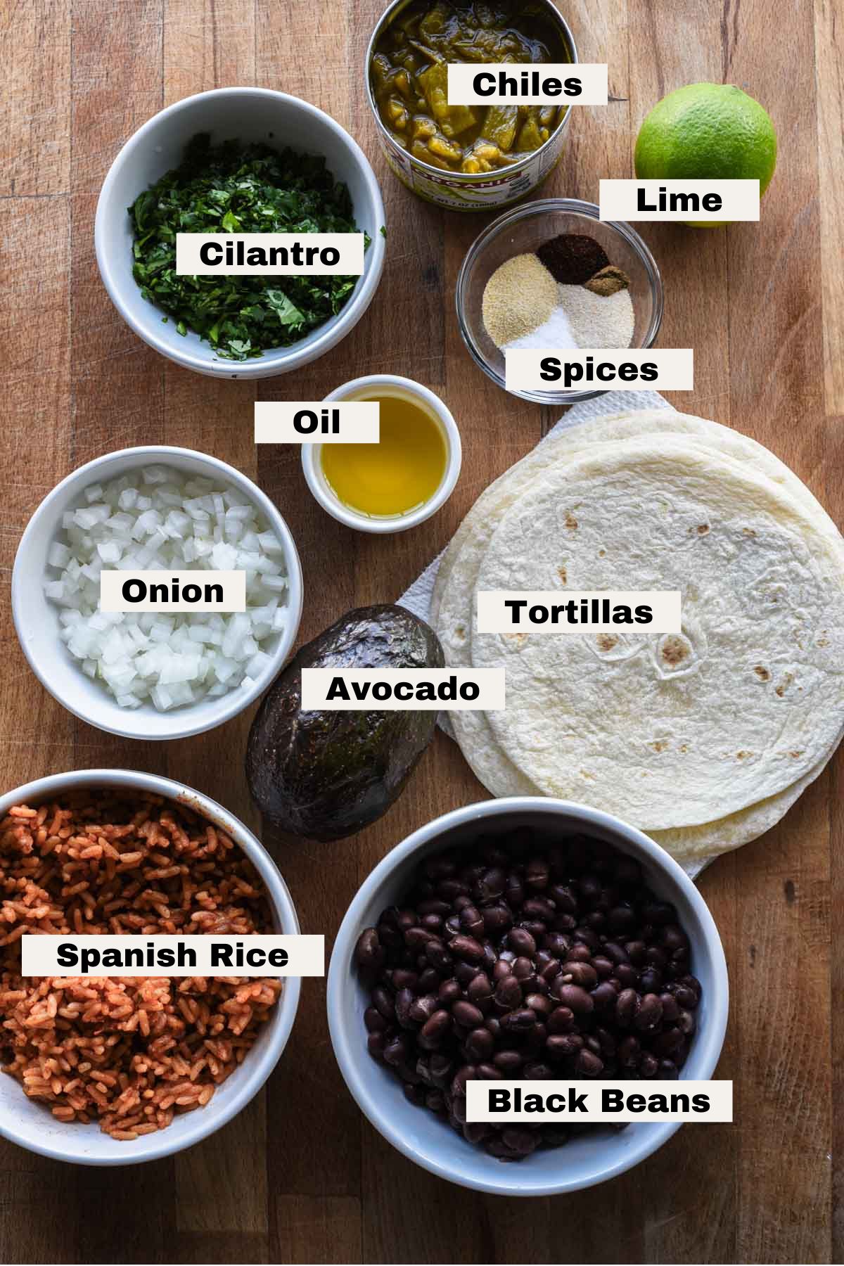 Ingredients for black bean and rice tacos.