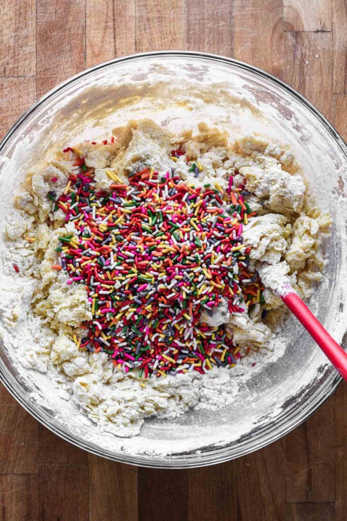 Dry ingredients and sprinkles mixed in.