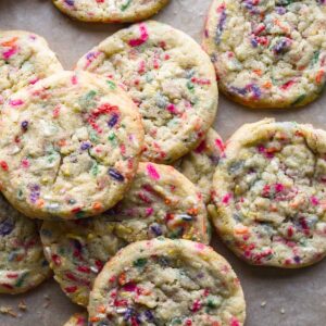 Close up of fresh baked sprinkle cookies.