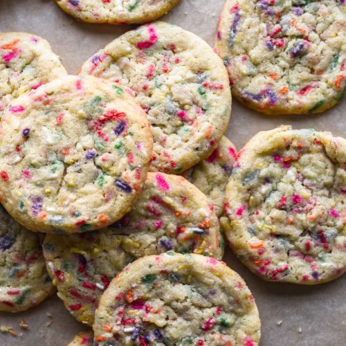 Close up of fresh baked sprinkle cookies.