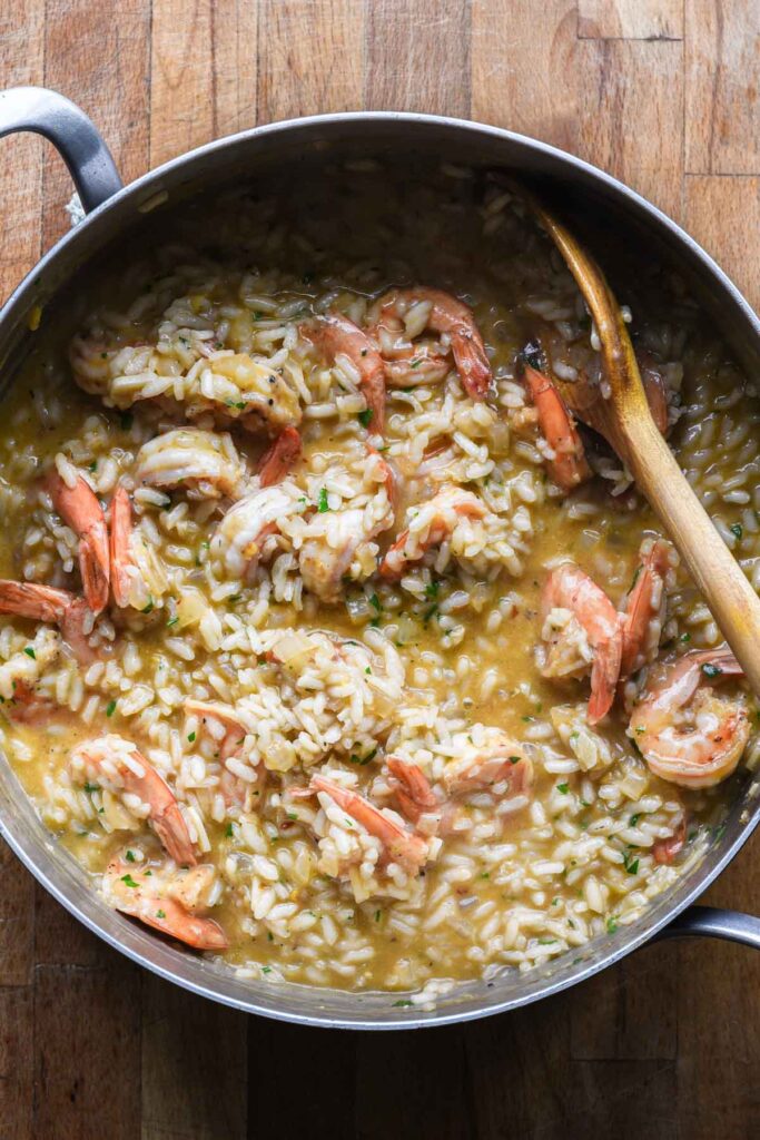 Shrimp added back into the pot with the risotto.