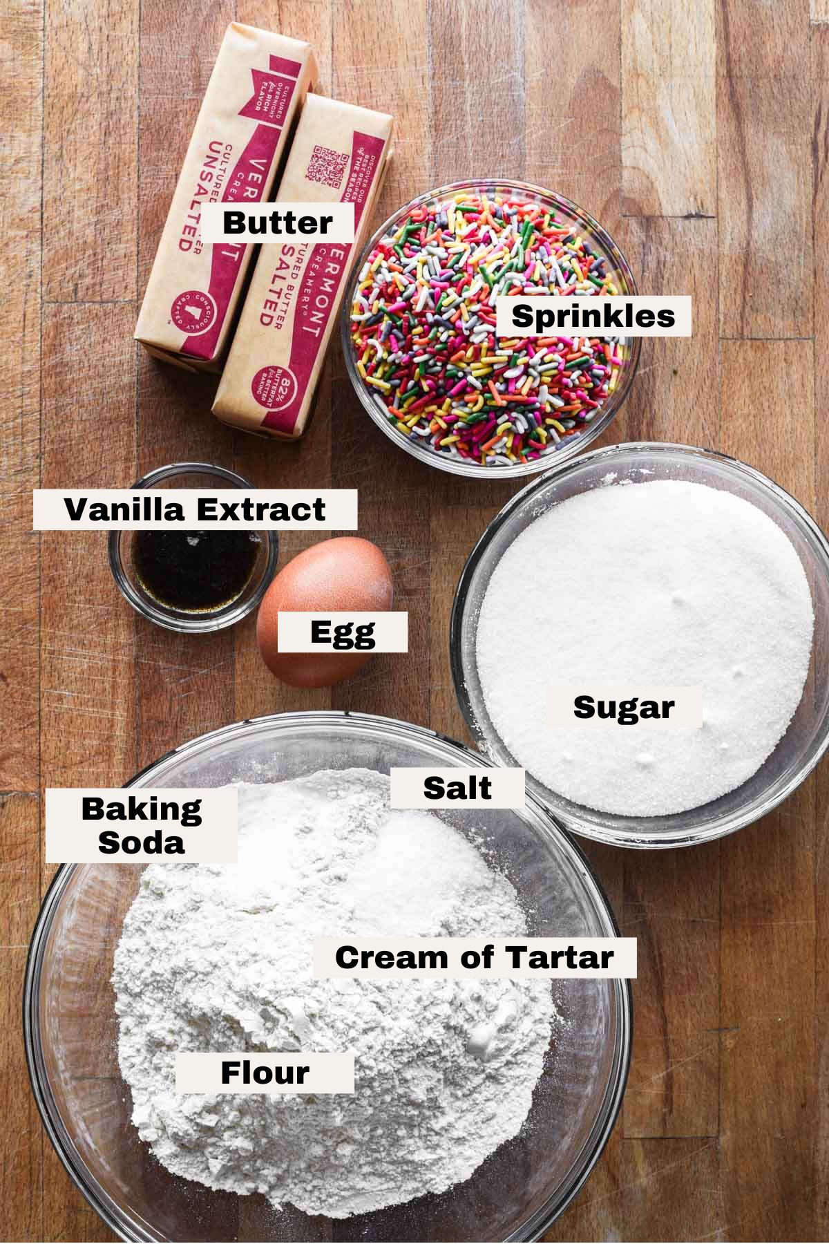 Ingredients to make sprinkle cookies.