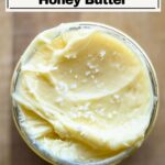 Close up of honey butter in a jar.