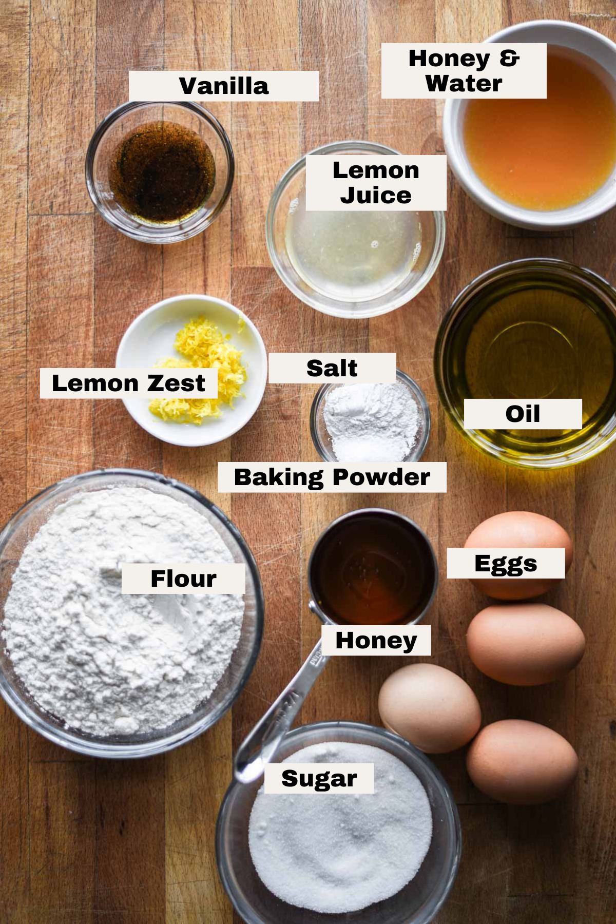 Ingredients needed to make lemon honey cake.