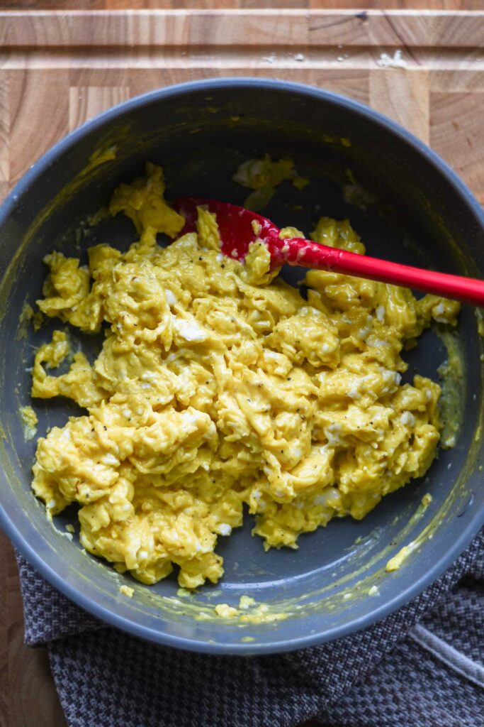 Scrambled eggs in non stick pan.