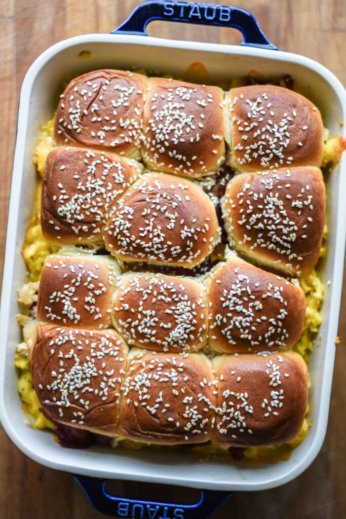 Freshly baked bacon egg and cheese breakfast sliders.